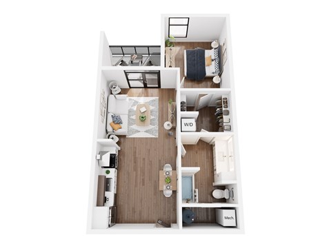 A top down view of a small apartment with a kitchen, living room, and bathroom.